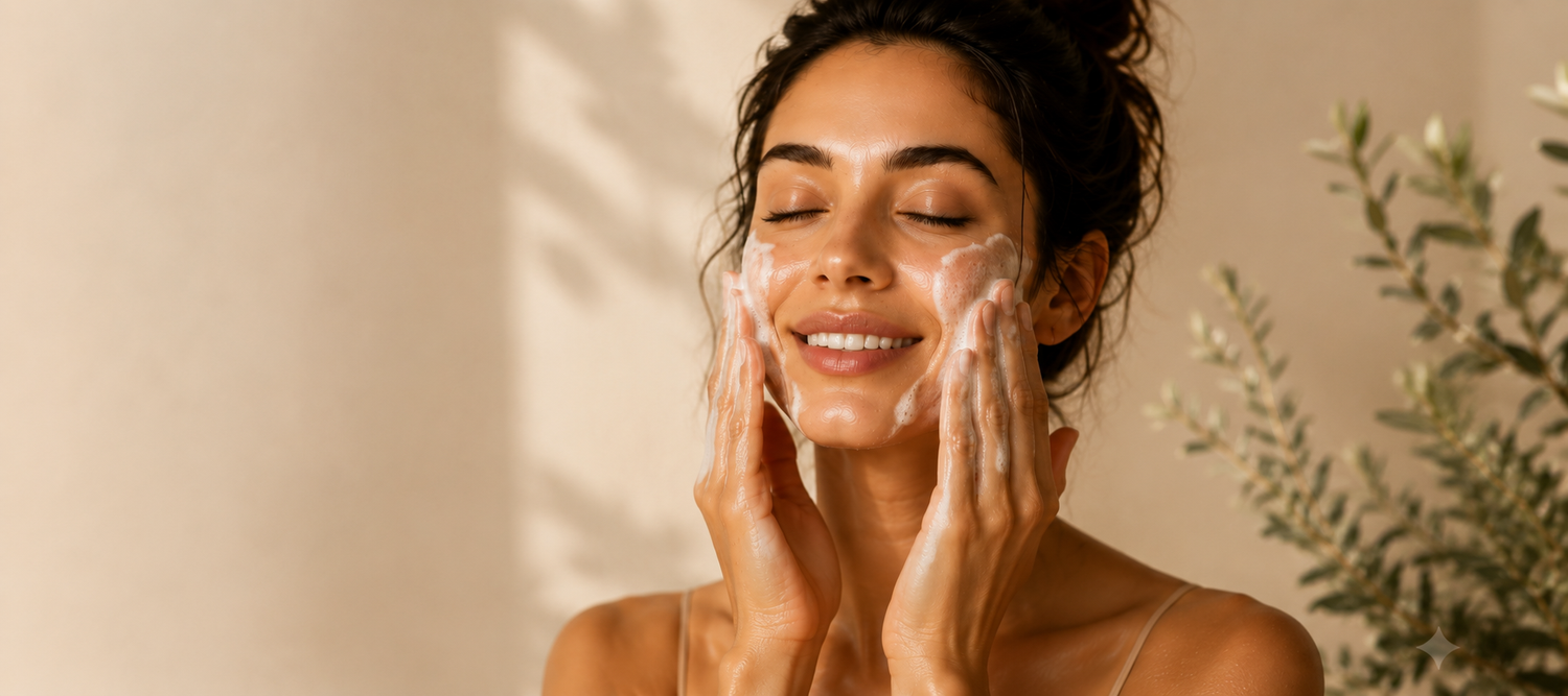 Female model applying cleanser to her face in a sunsetting room