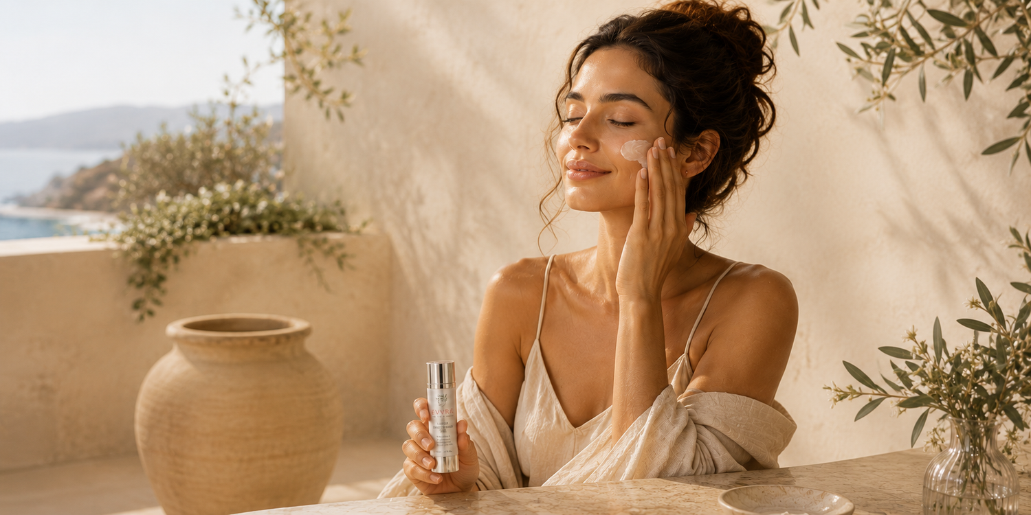 Female model applying EVVRA moisturiser while sitting in a room by the beach