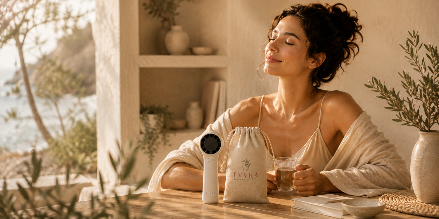Female model smiling and relaxed with the EVVRA personal fan in front in a room by the beach