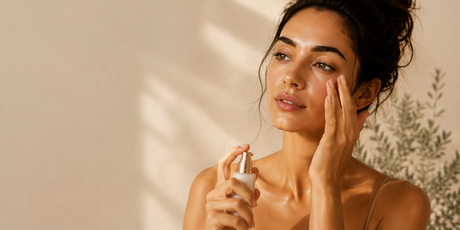 Female model applying the EVVRA eye serum in a sunsetting room