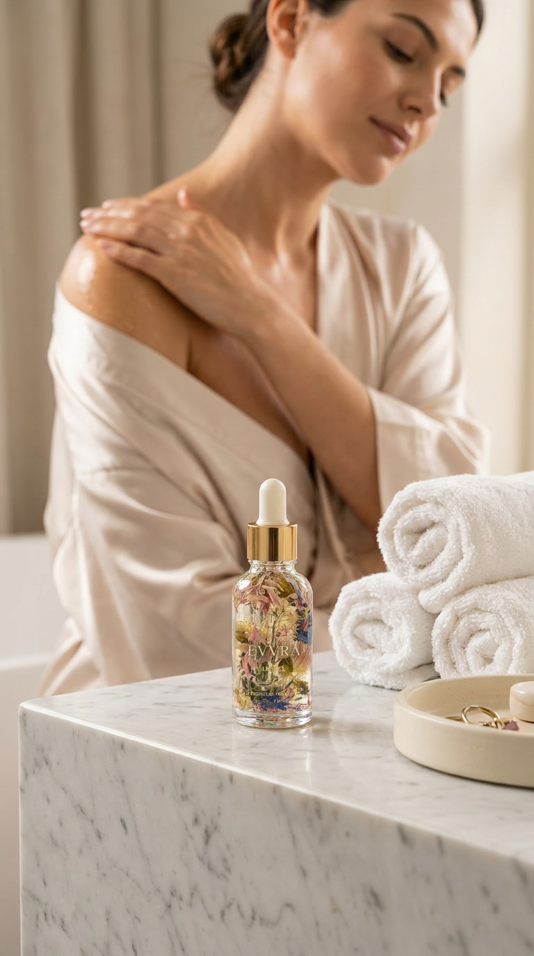 Female model applying the Botanical Ritual Oil on shoulder with product shot in the middle