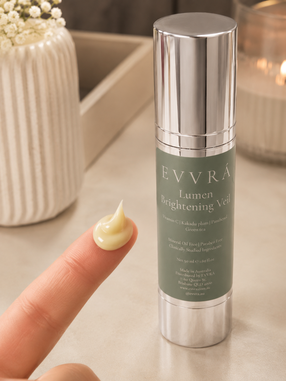 Lumen Brightening Veil moisturiser jar with Vitamin C and Kakadu plum, EVVRÁ