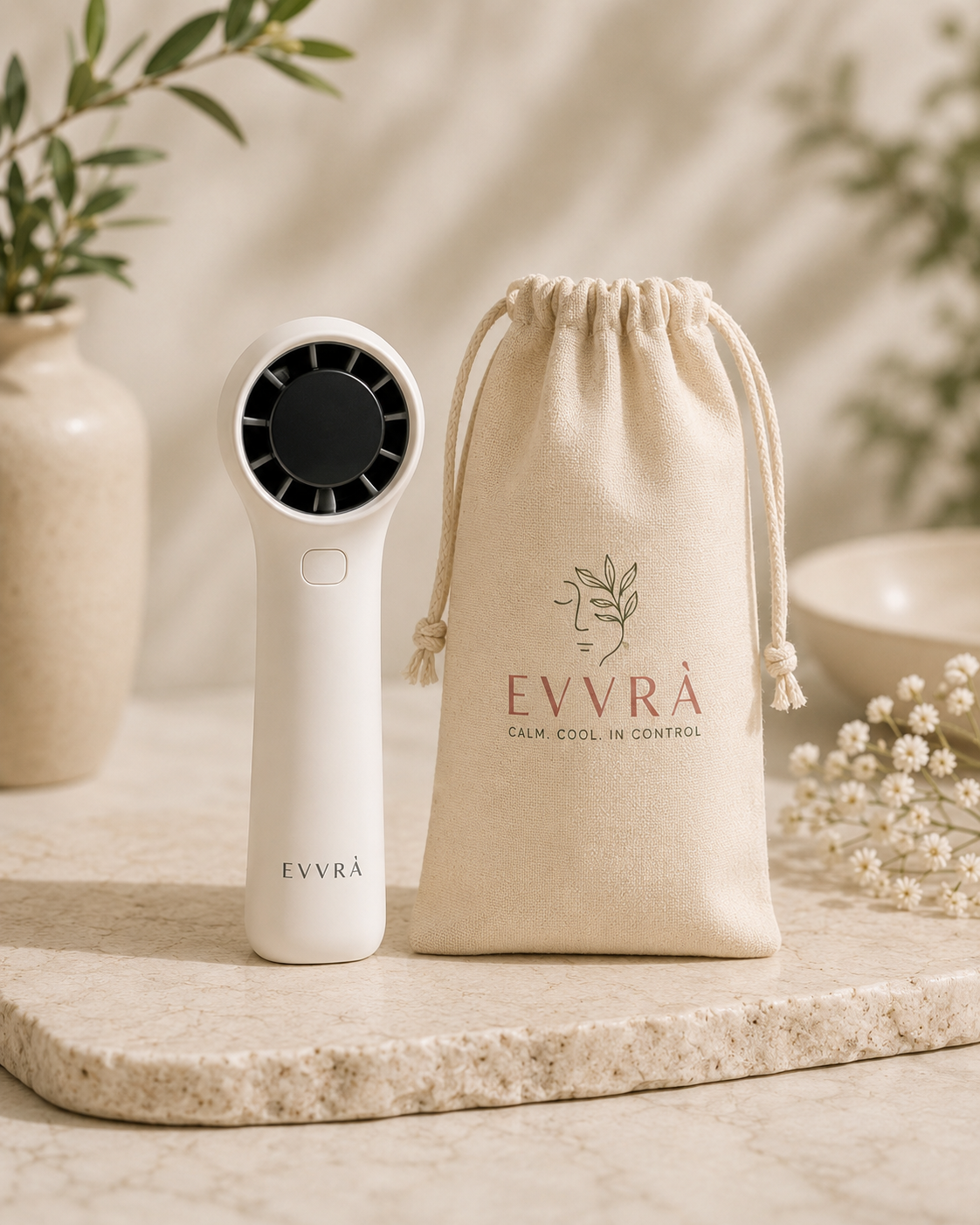 White EVVRA handheld personal fan with black center and matching drawstring bag on a neutral background