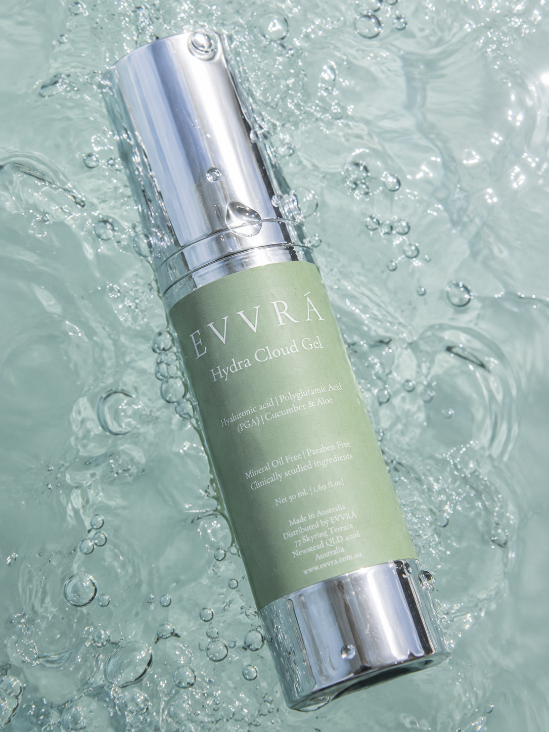 EVVRÁ Hydra Cloud Gel hyaluronic acid and polyglutamic acid hydrating moisturiser, made in Australia